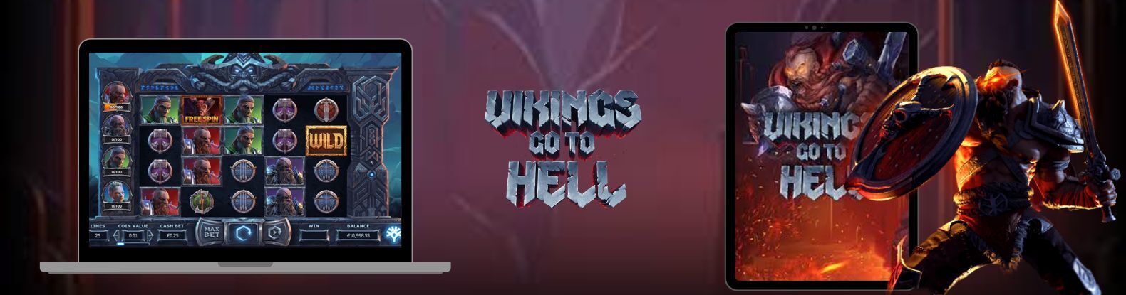 Game images from Vikings Go To Hell on a laptop computer, tablet, and a knight with a shield and sword