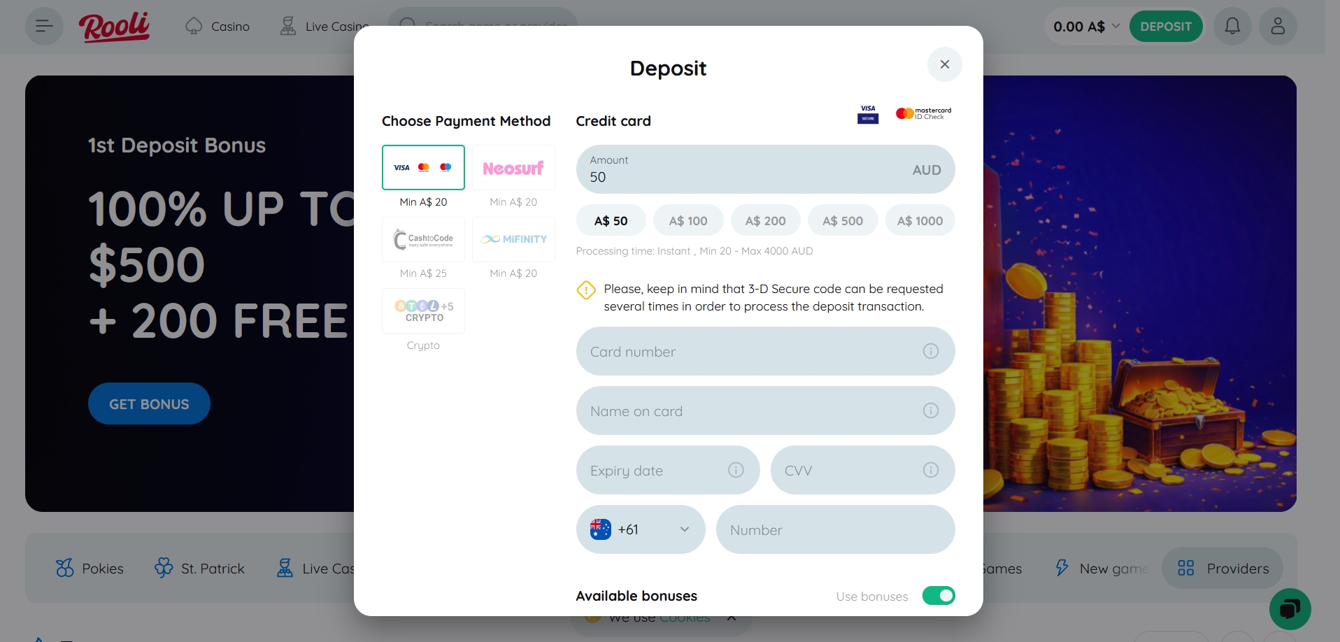 Rooli Casino Deposit methods