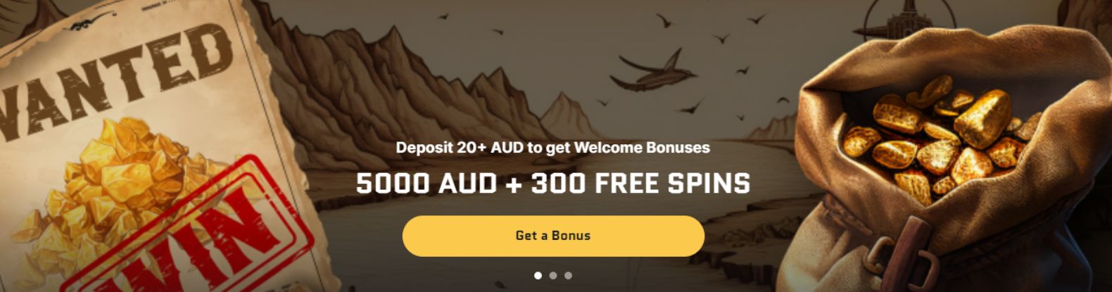 Wanted Win Casino Welcome bonus with a wanted poster and a bag of gold