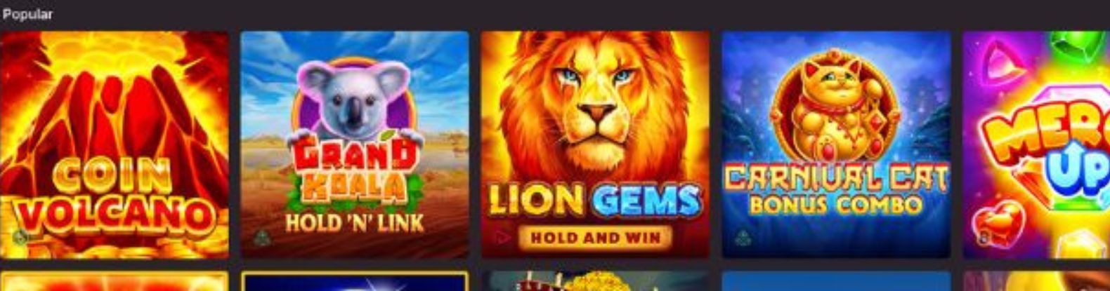 Casino games at Wanted Win casino with volcano, koala, lion and lucky cat symbols