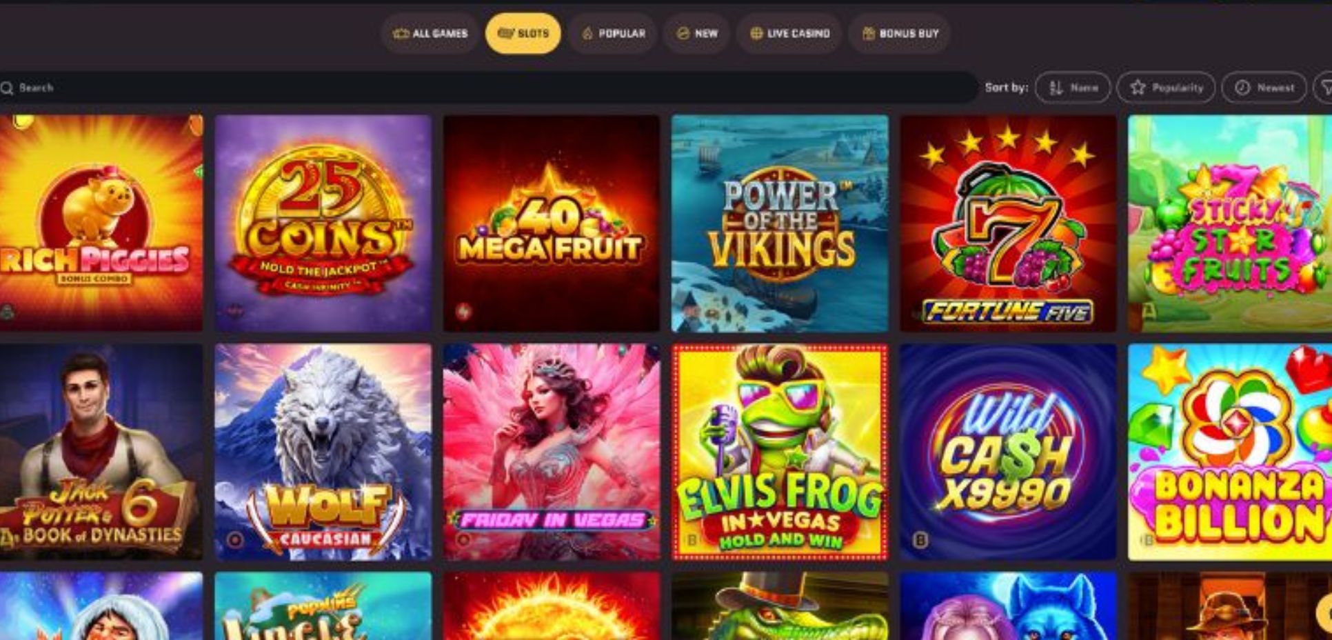 Wanted win casino game symbols on a 6x2 grid featuring colourful game logos