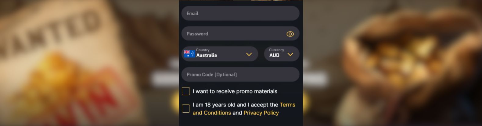 Signup form at Wanted Win casino. Black form overlayed on a blurred background.