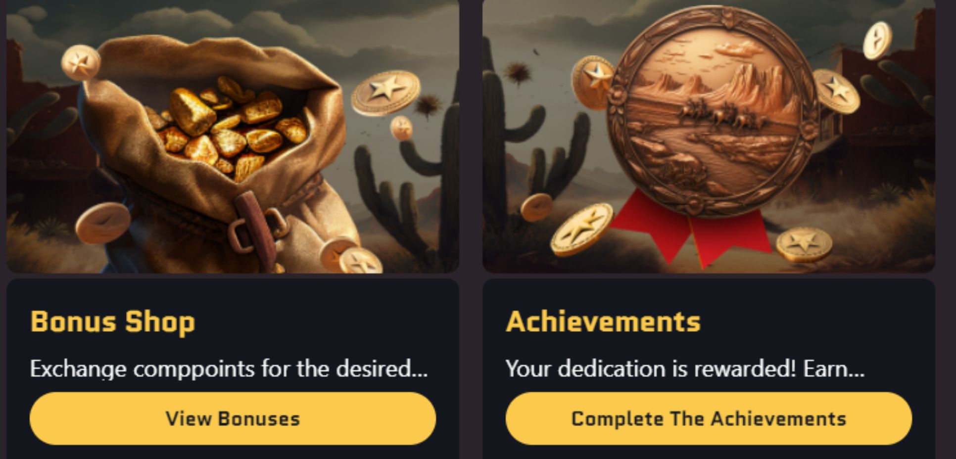 Bonus shop and achievements promotions at Wild Win Casino featuring a bag of gold and a bronze medallion