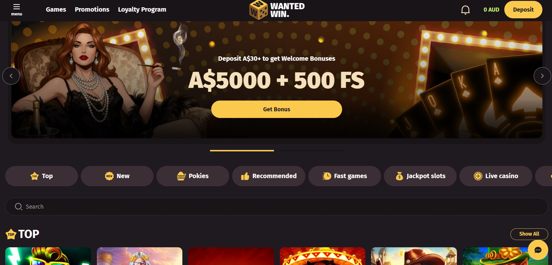 Wanted Win Casino main page