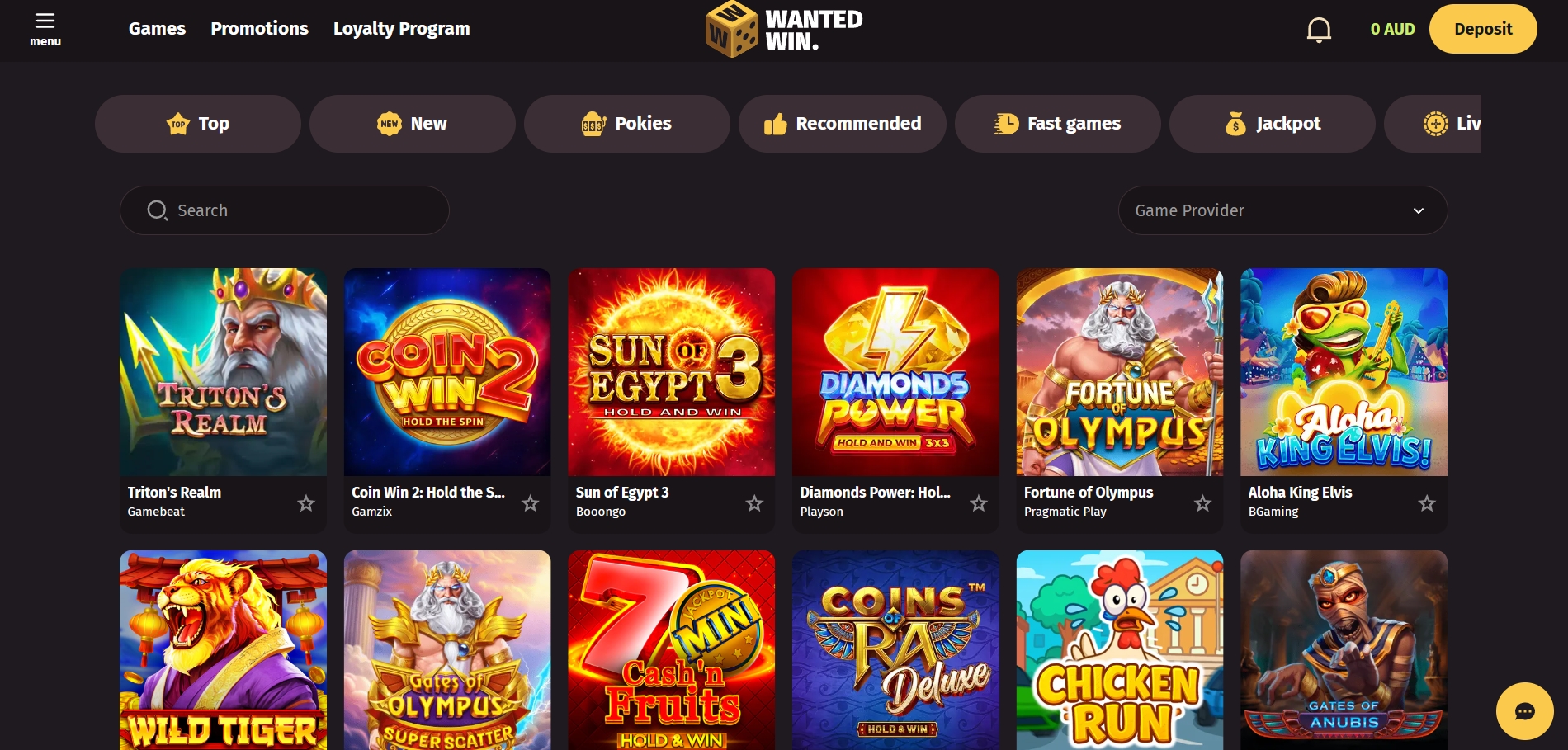 Wanted Win Casino Lobby