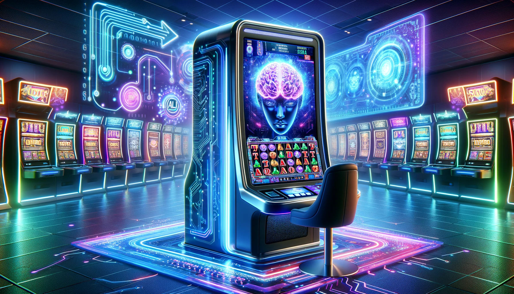 A glowing neon slot machine in a futuristic glowing neon room filled with other glowing neon slot machines
