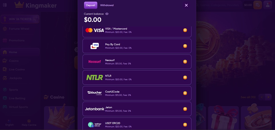 Kingmaker Casino Deposit methods