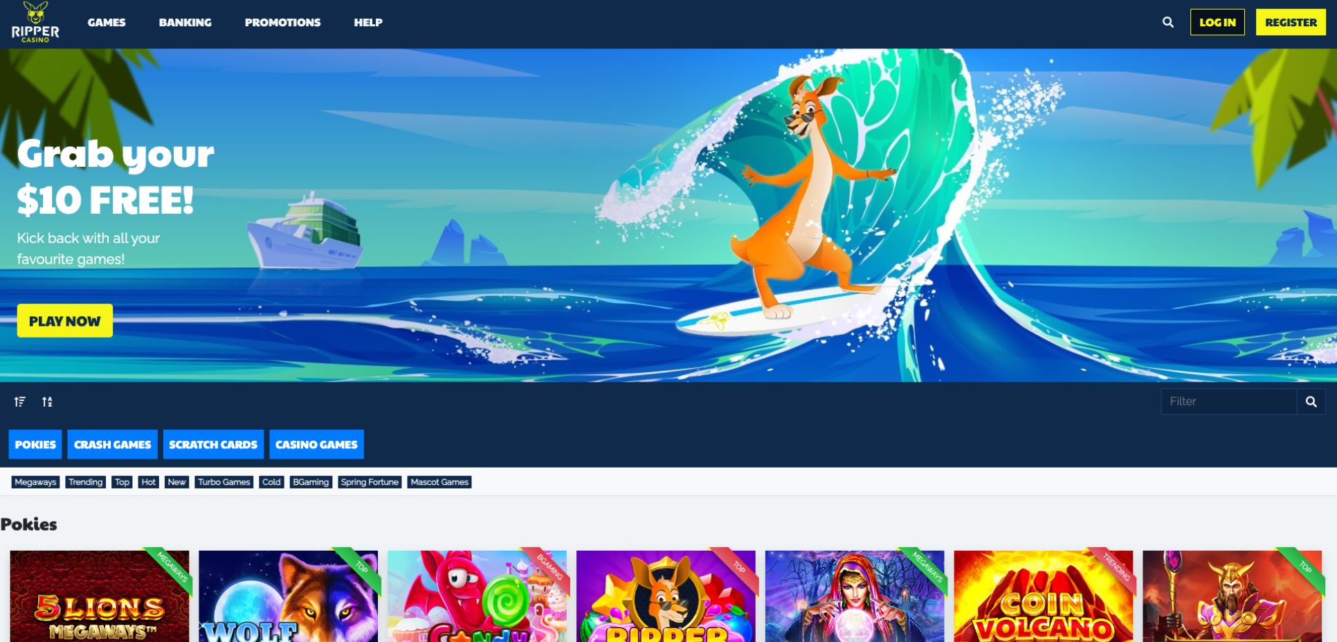 Homepage of ripper casino with a cartoon kangaroo surfing in a tropical setting with palm trees and a cruise ship.