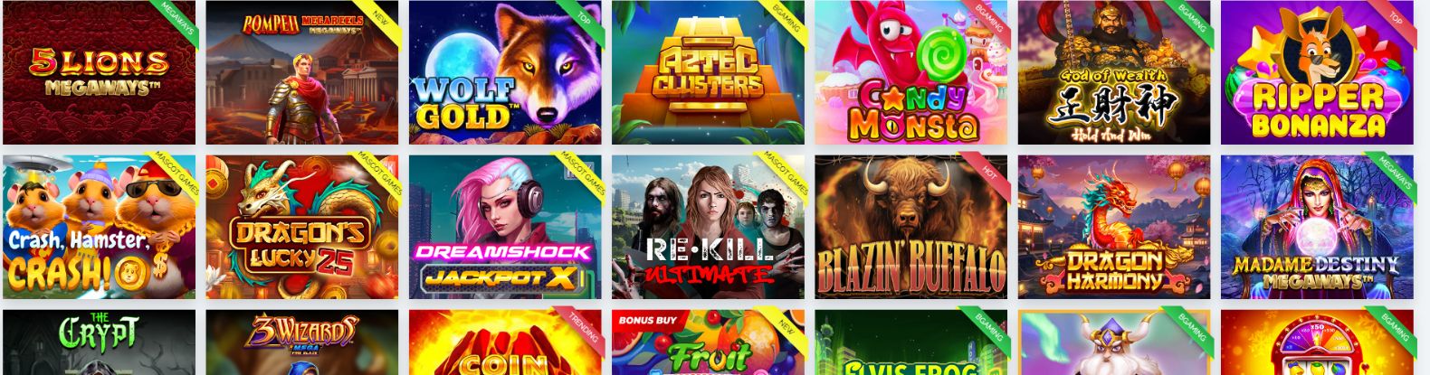 Colourful logos of ripper casino pokies laid out in a 7x2 grid