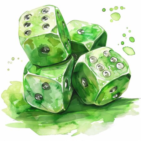 A watercolour painting of four green dice on a white background