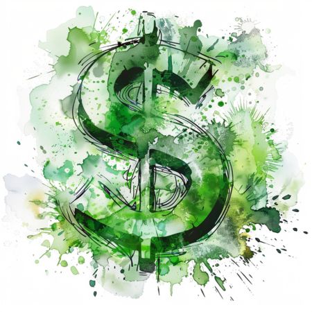 A watercolour painting of a green cash symbol with drips and splashes on a white background