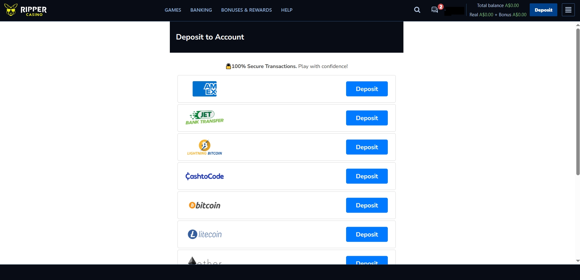 Ripper Casino Deposit methods
