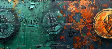 Graffiti images of green bitcoin and gold ethereum logos painted on a green and gold wall surrounded by other graffiti.