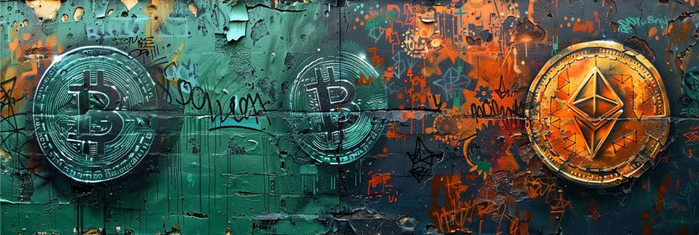 Graffiti images of green bitcoin and gold ethereum logos painted on a green and gold wall surrounded by other graffiti.