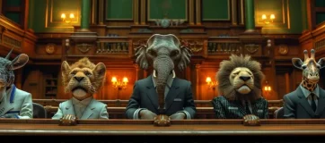 Cartoon animals dressed in suits sitting in a courtroom setting