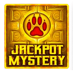 Jackpot mystery logo, gold square with gold lettering and a red paw print in a gold circle