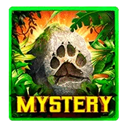 Square logo with a green border featuring tropical plants, a paw print on a stone and the word 'mystery' in gold