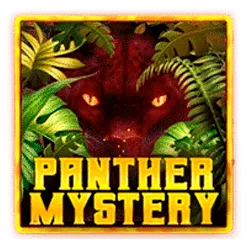 A square logo with a gold border featuring a red panther peering out between tropical plants and 'panther mystery' in gold text