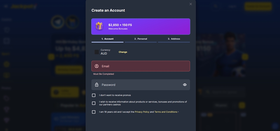 Jackpoty Casino signup 1