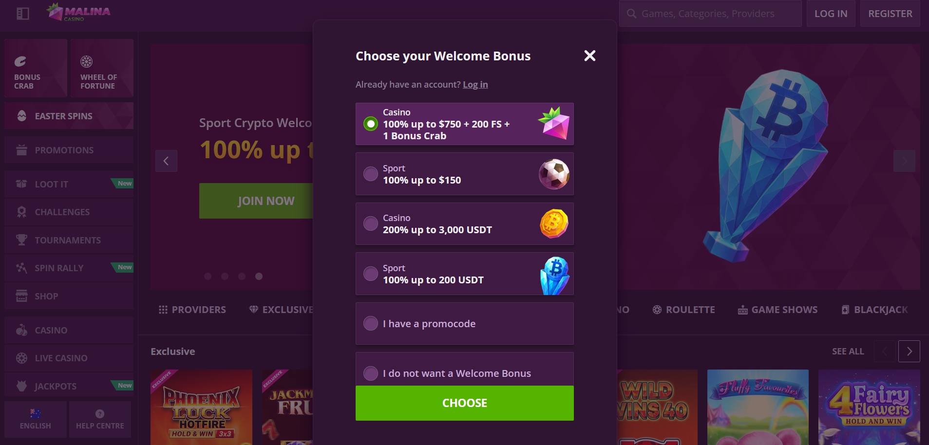 MalinaCasino Signup 1