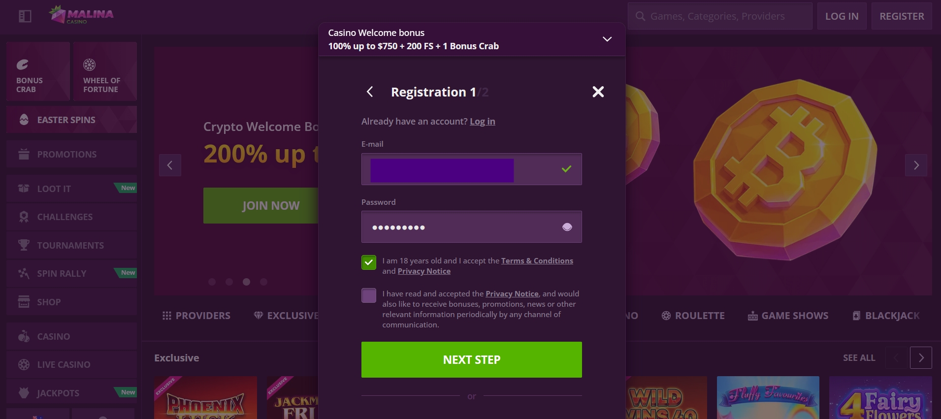 MalinaCasino Signup 2