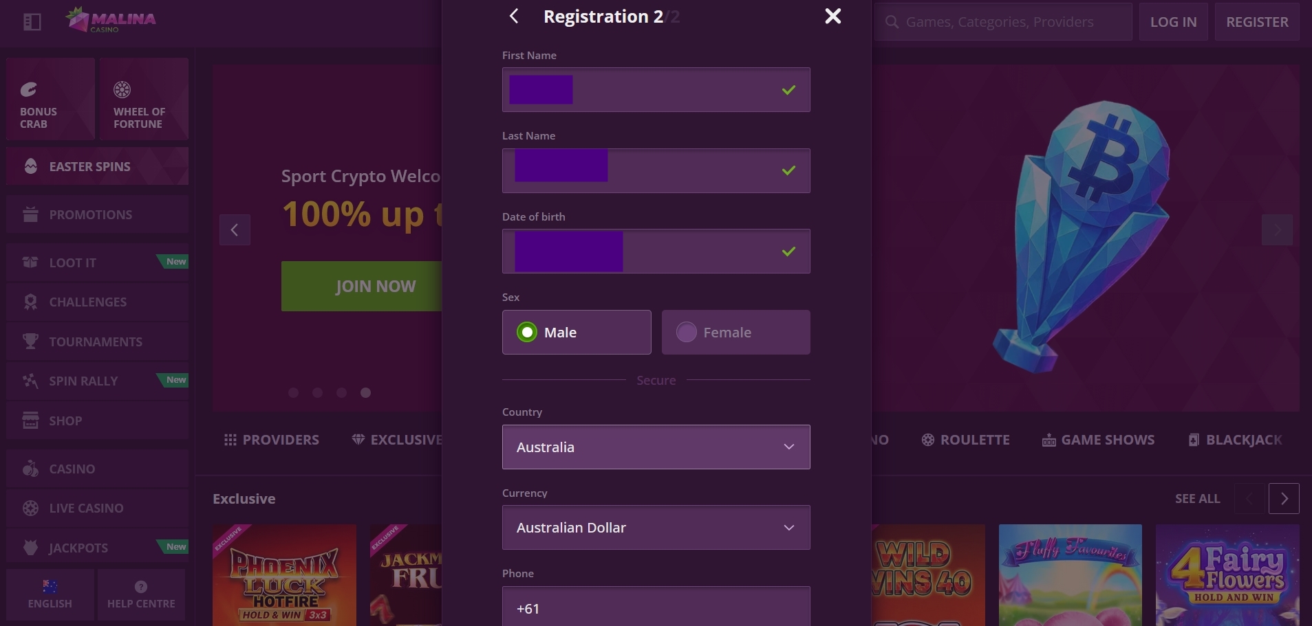 MalinaCasino Signup 3