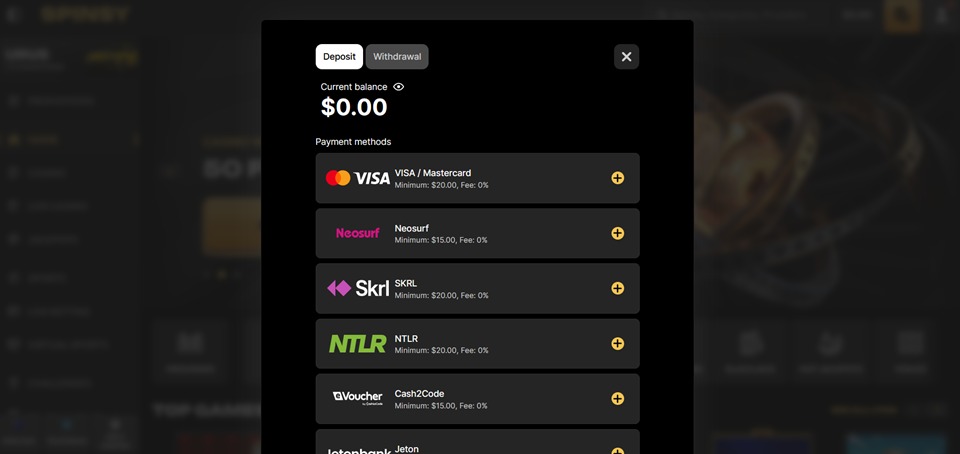 Spinsy Casino deposit methods in Australia