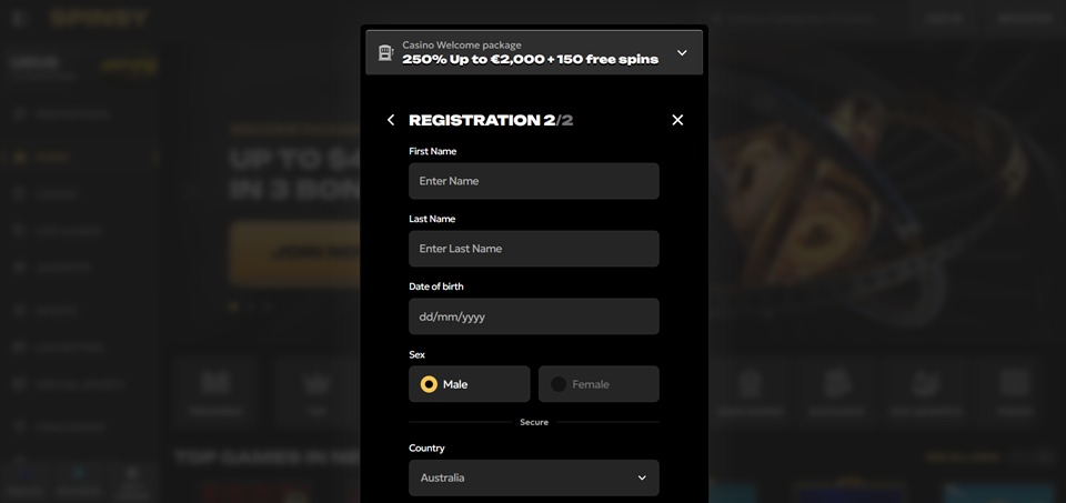 Spinsy Casino Signup in Australia step 2