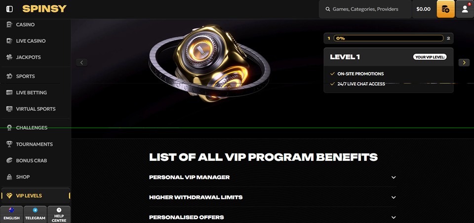 Spinsy Casino VIP program in Australia