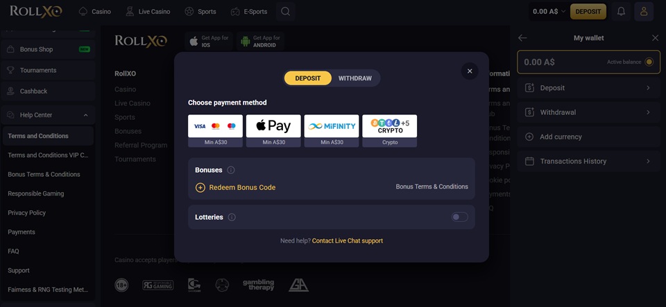 RollXO Casino deposit methods