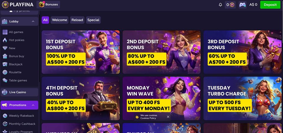 Playfina Casino bonuses for Aussie players