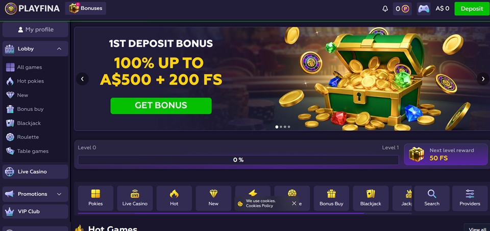 Playfina Casino homepage for Aussies