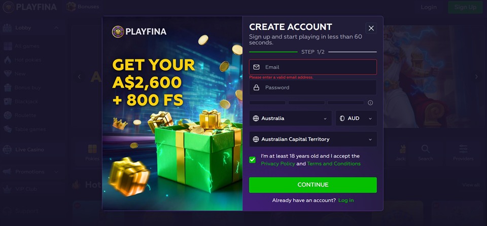 Playfina Casino registration for Aussies