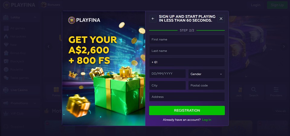 Playfina Casino registration for Aussies 2