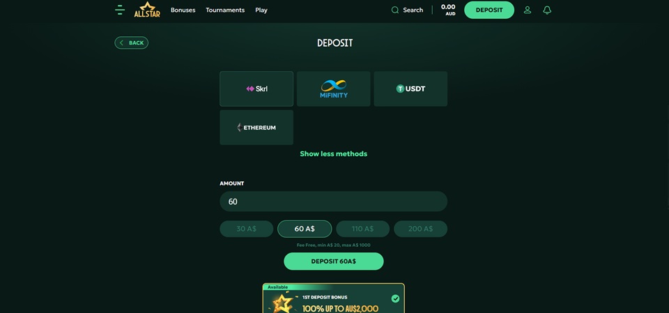 AllStar Casino Deposit methods