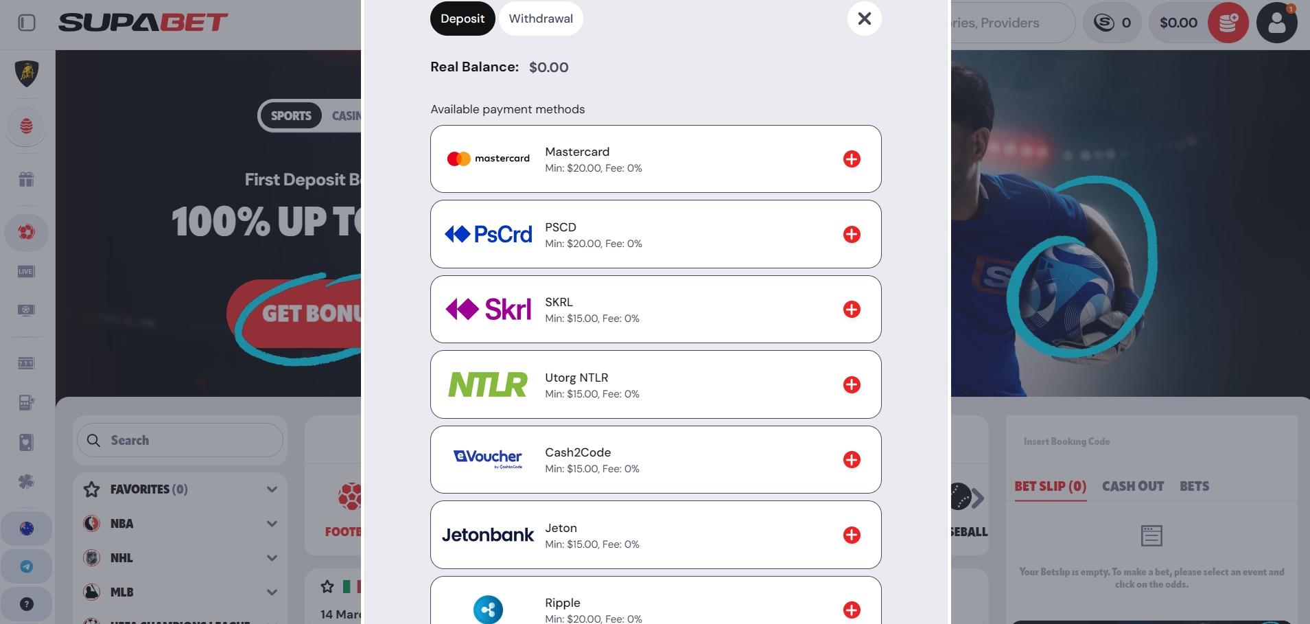 Supabet Casino Deposit methods