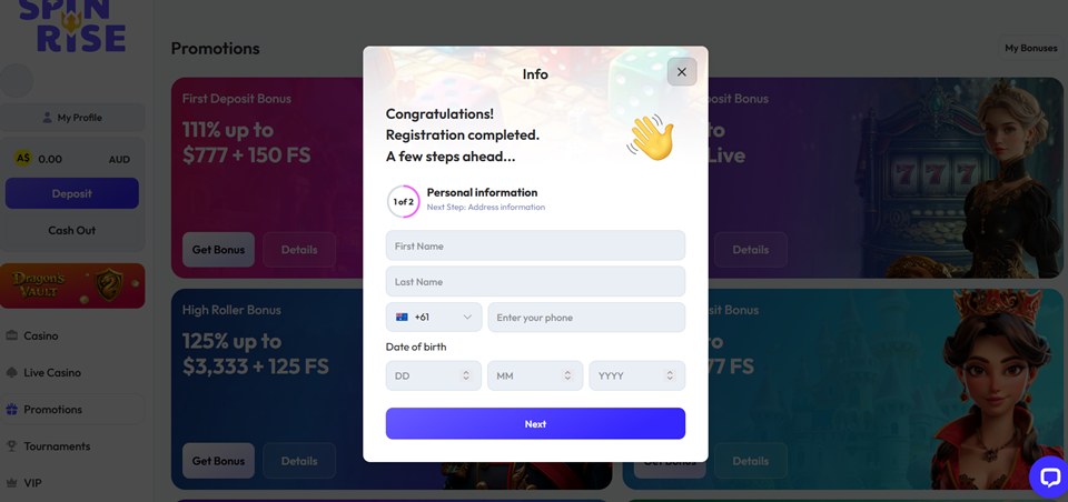 Spinrise Casino Signup for Aussies step 2