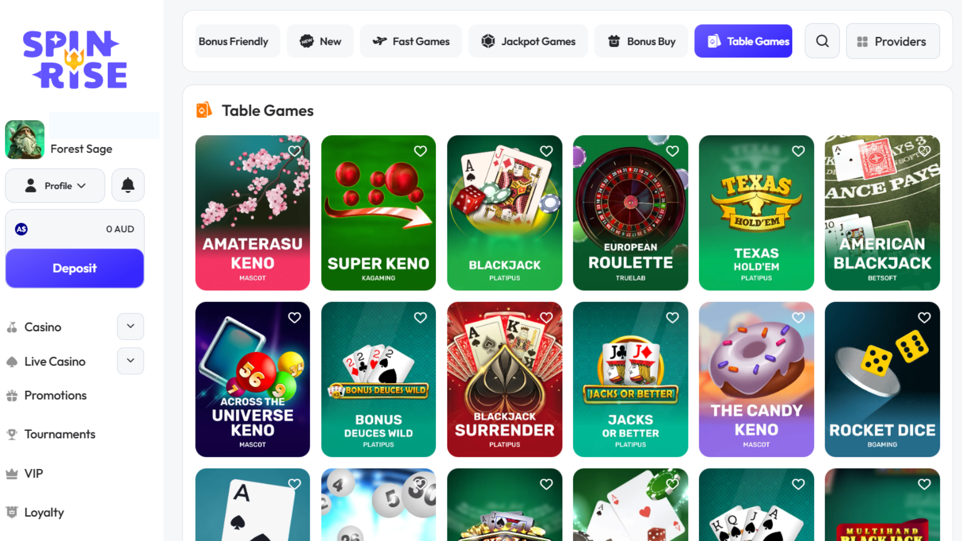Spinrise table games