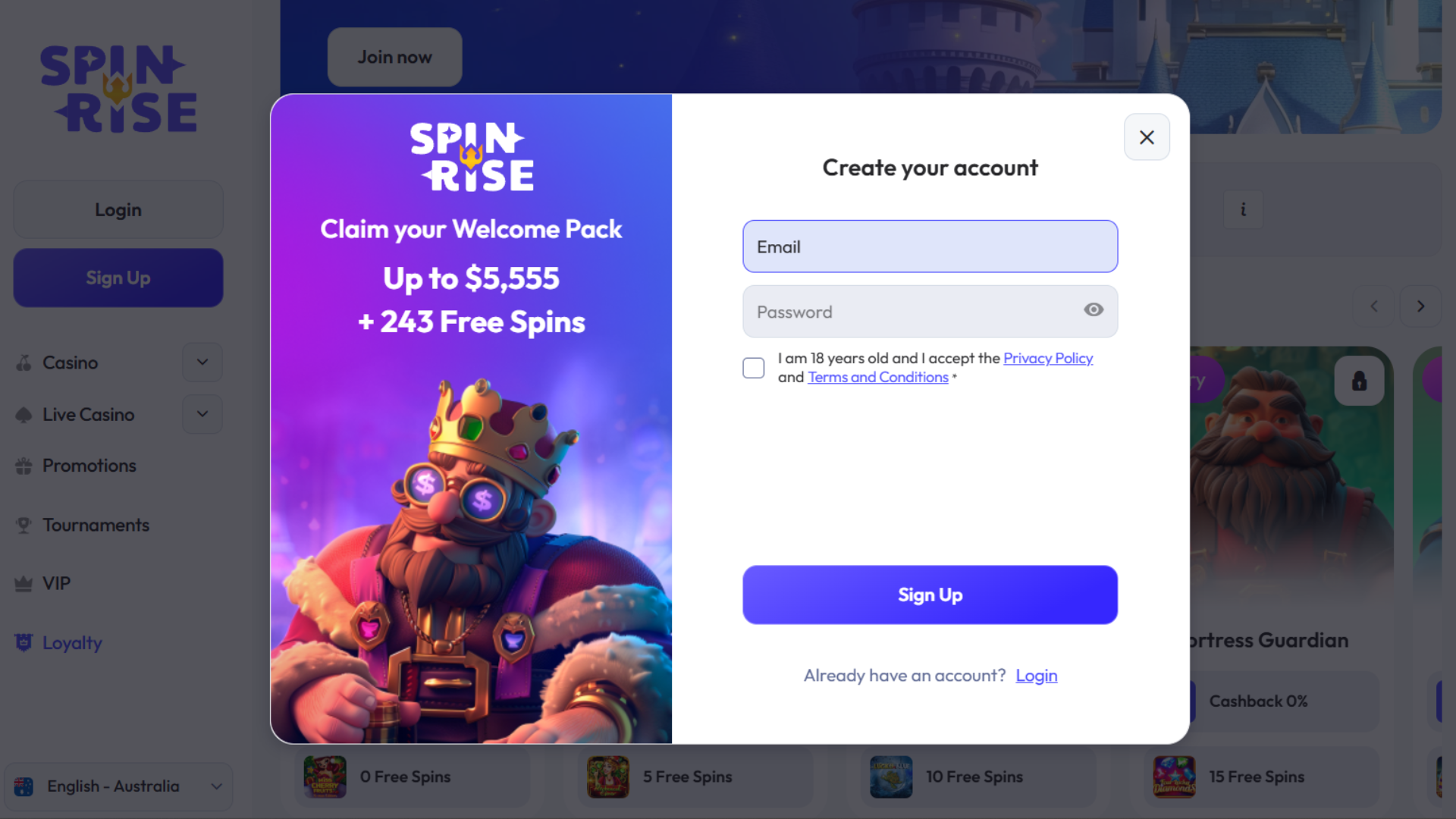 Spinrise casino login page