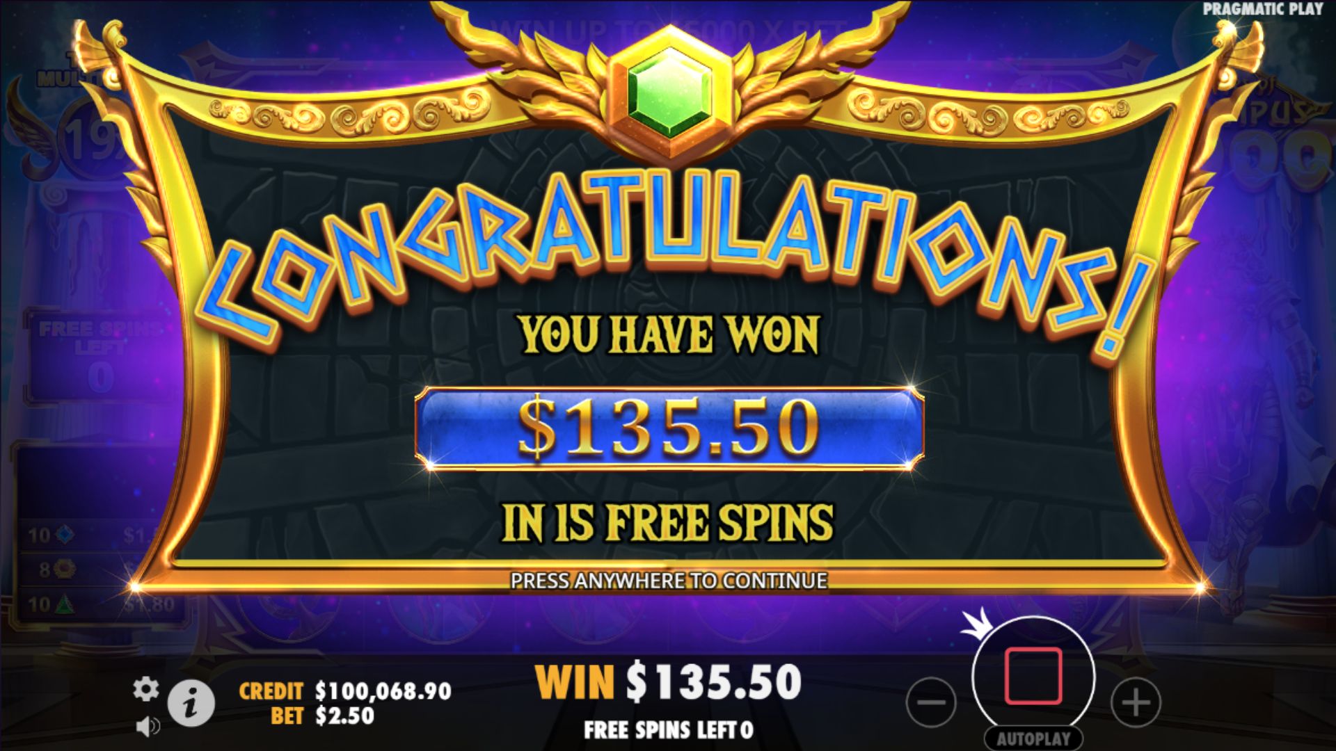 Gates of Olympus 1000 - congratulations win screen