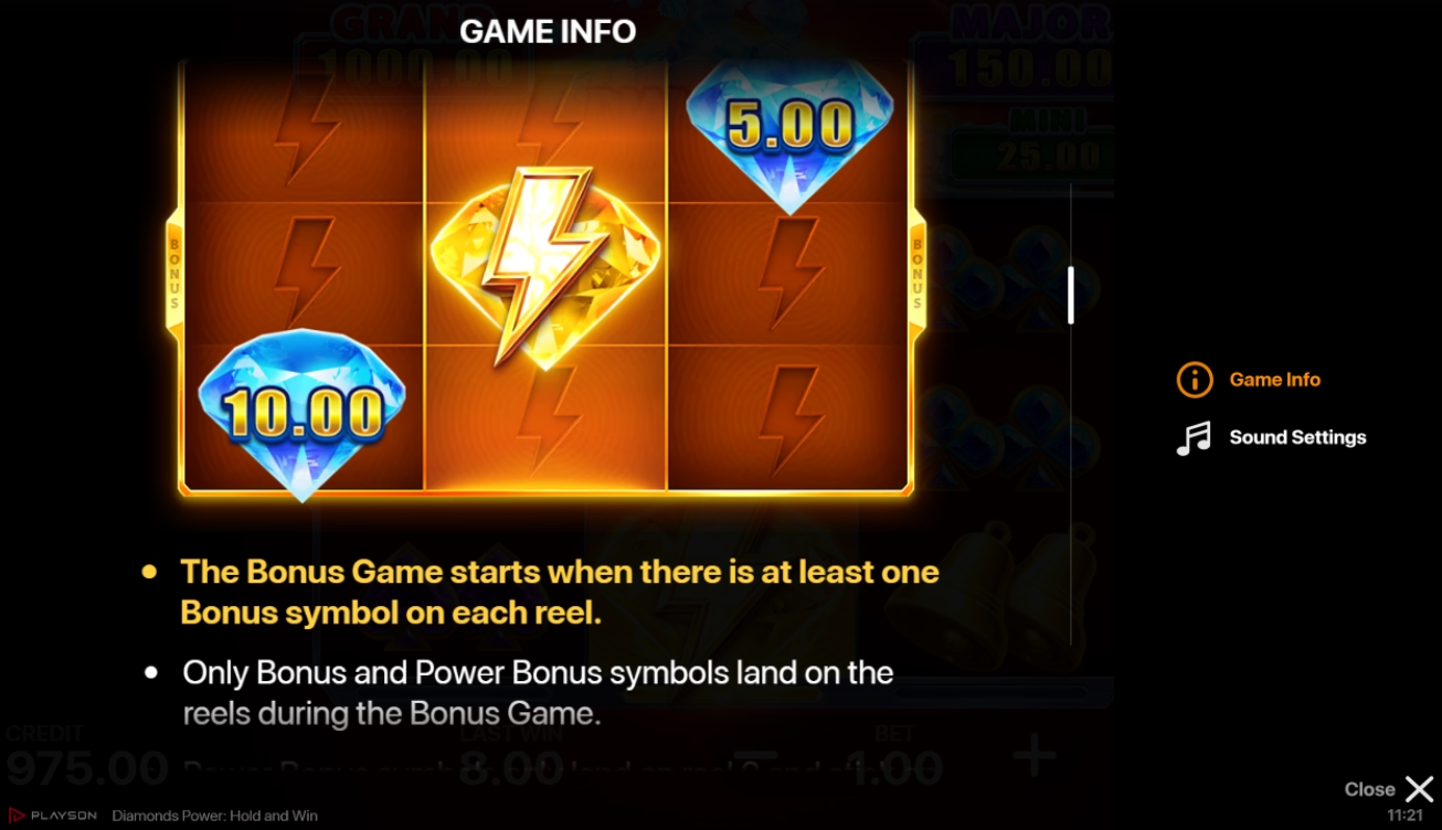 Diamonds Power Hold and Win Pokie base game bonus game