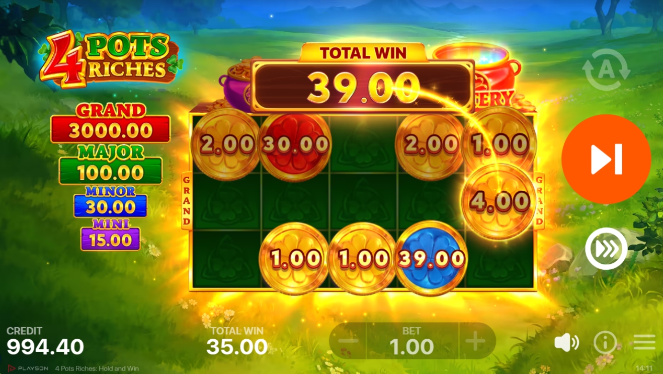 4 Pots Riches Pokie bonus game win