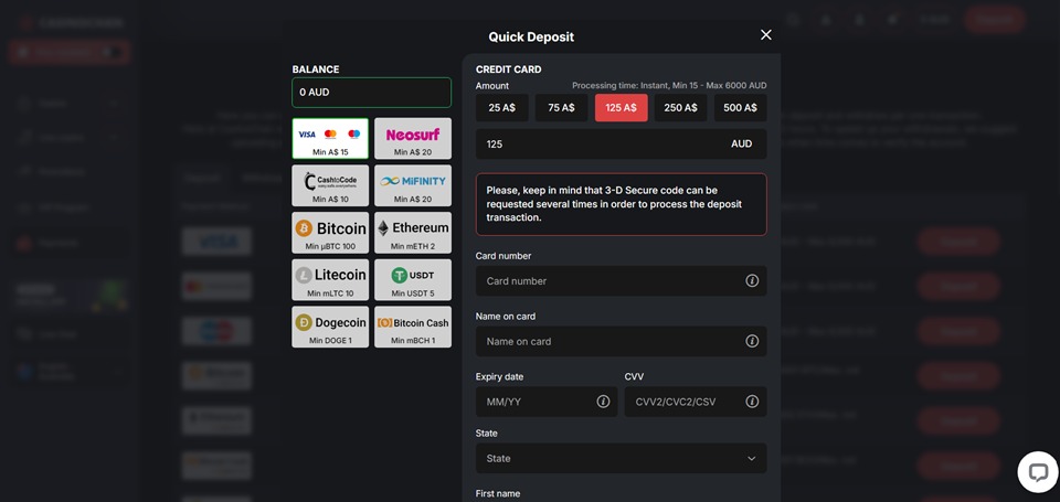 CasinoChan deposit methods in Australia