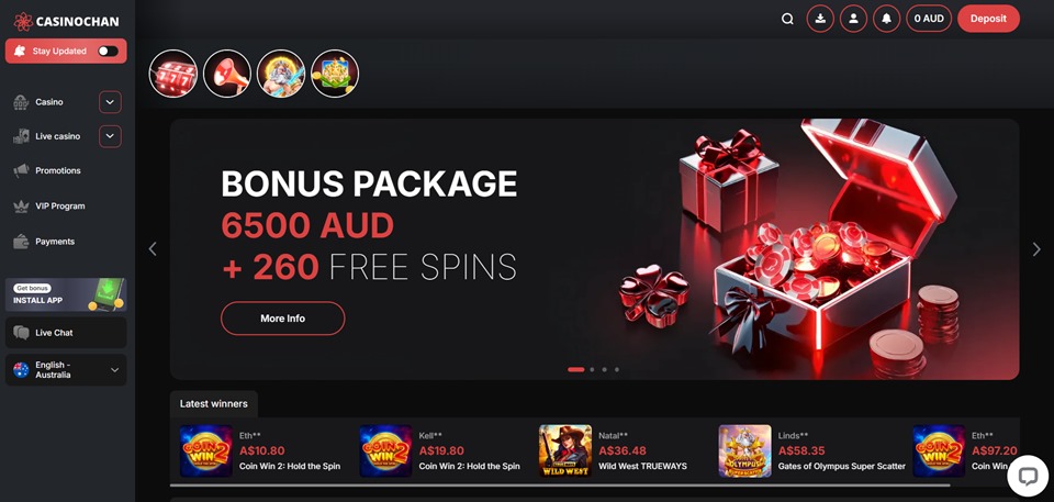 CasinoChan homepage for Australian players