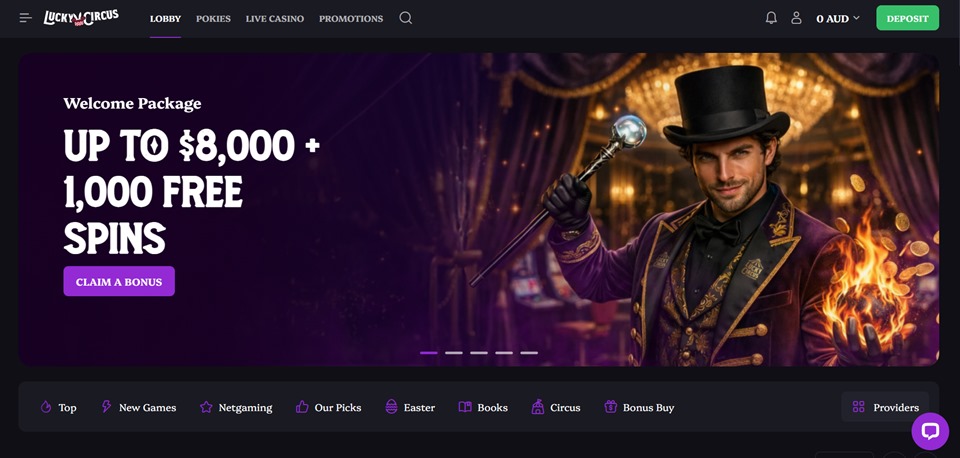 Lucky Circus Casino main page for Australian players