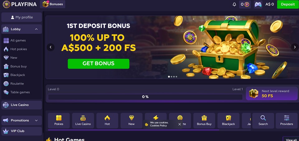 Playfina Casino homepage for Aussies