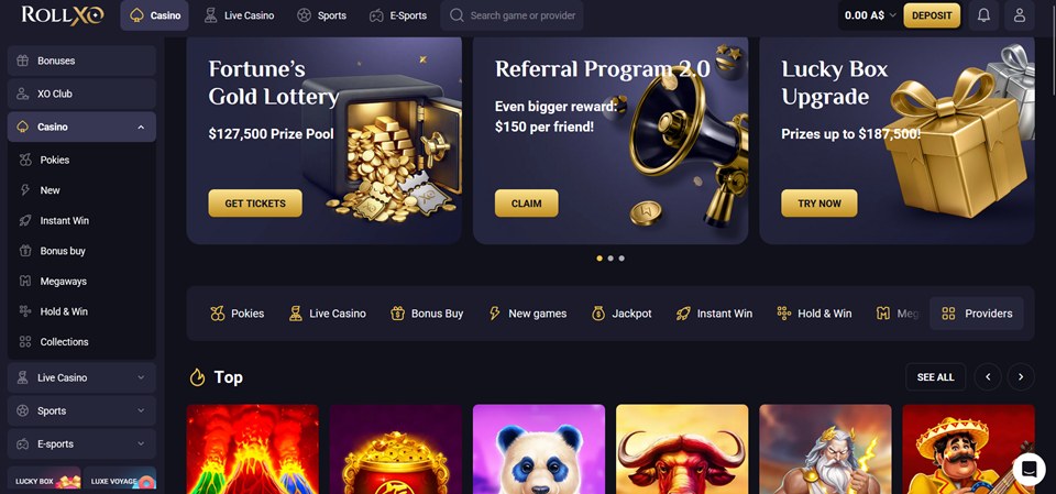 RollXO Casino lobby for Australian players