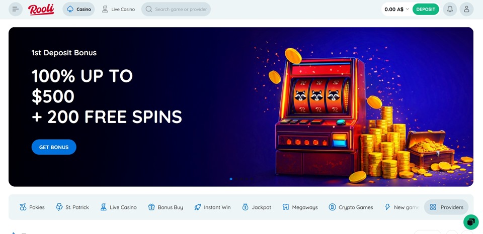 Rooli Casino homepage for Aussie players