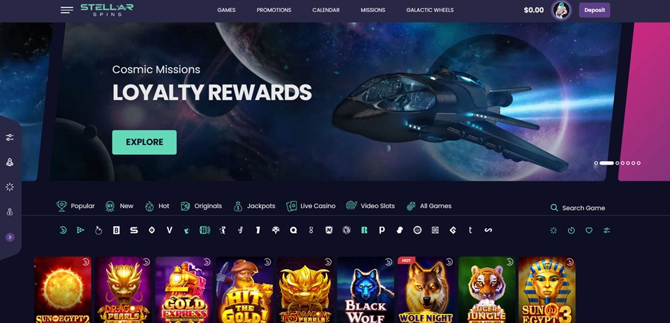 Stellar Spins Casino homepage for Aussies