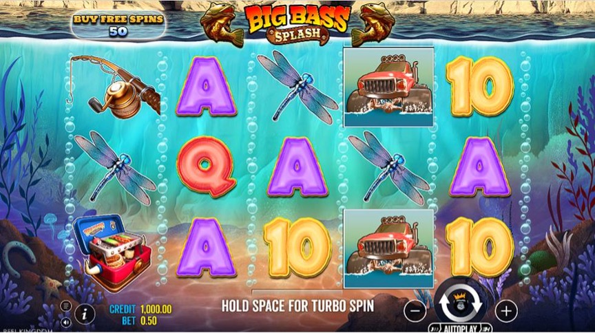 Big Bass Splash slot game showing the 5-reel fishing-themed base game.